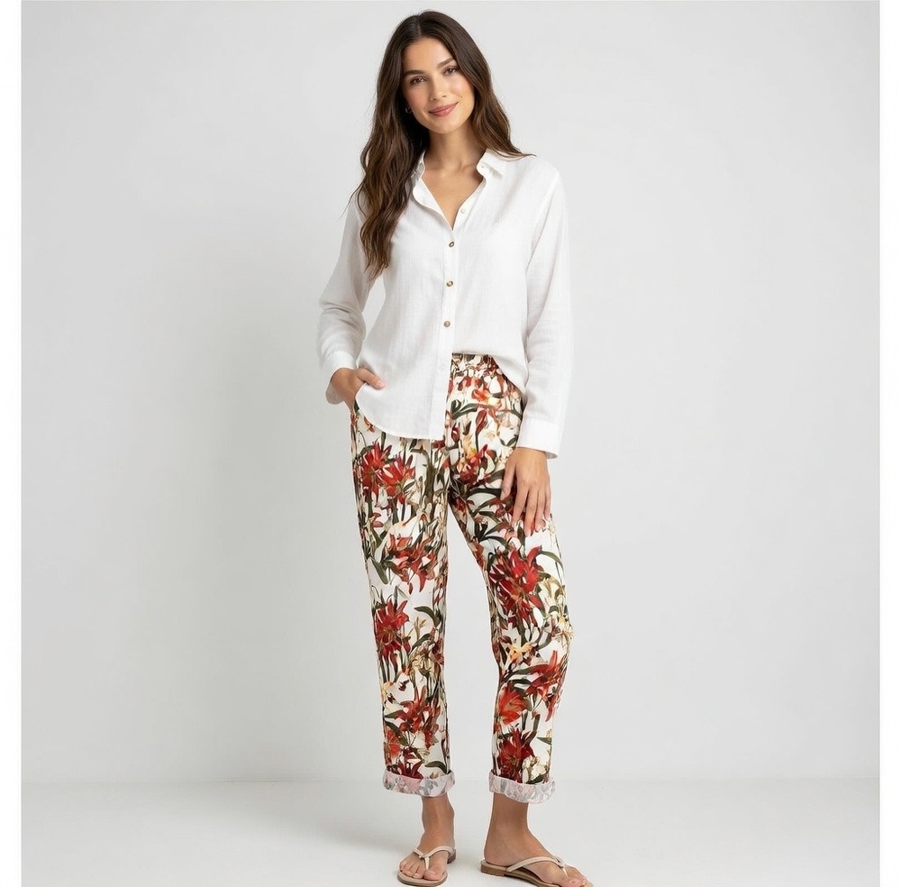 Chico’s Floral Utility Cargo Ankle Pants Tie Belt Size 2 L/12 Tencel Boho Pants